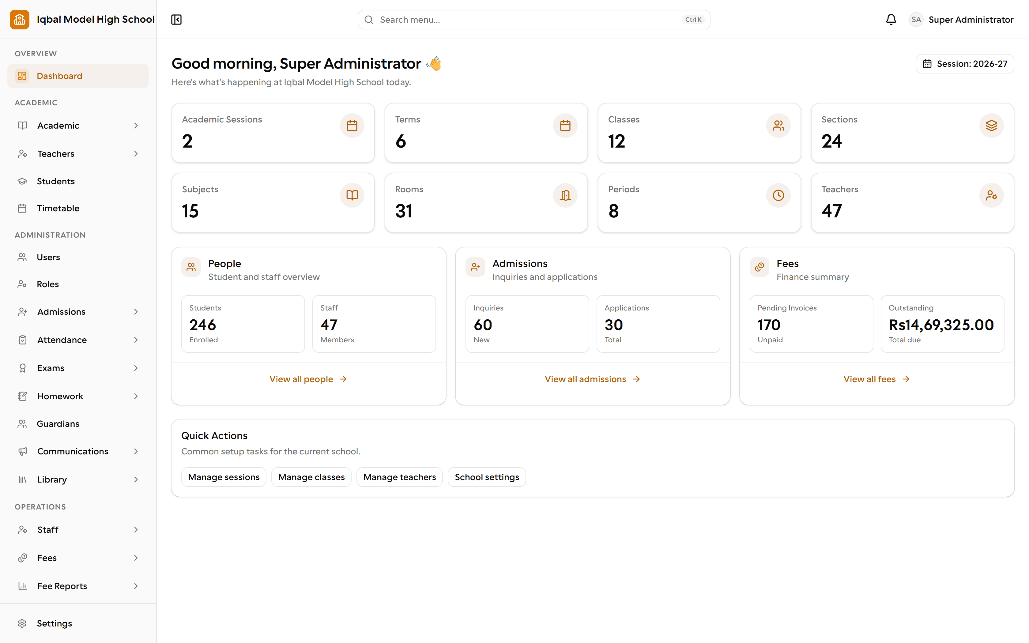 The EDUTIG administrator dashboard. Eight tiles count terms, classes, sections, subjects, rooms, periods and teachers. Below them, three panels summarise enrolled students and staff, admission inquiries and applications, and unpaid invoices with the total amount due.