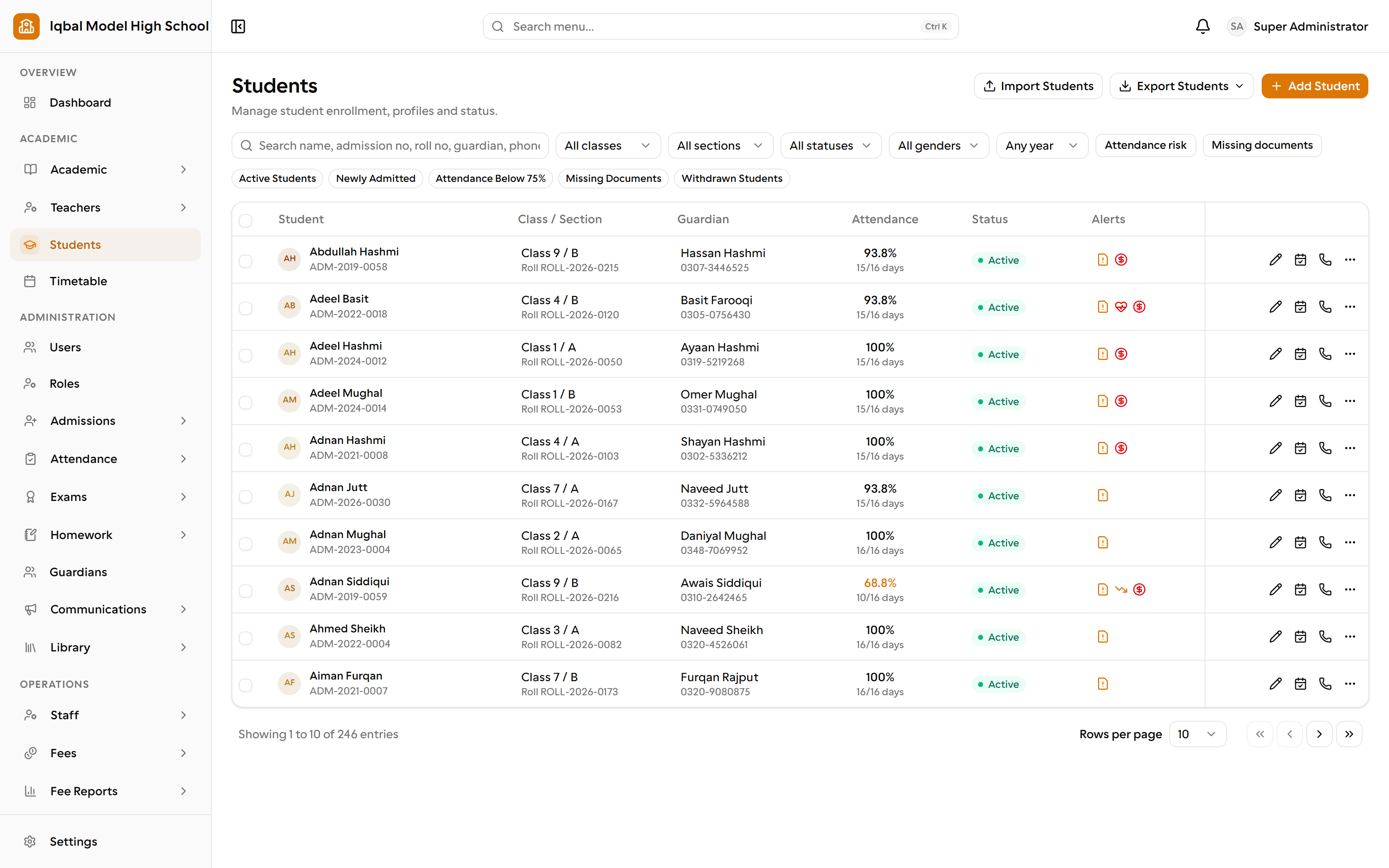 The EDUTIG students screen. A searchable list shows each student's name and admission number, class and section, guardian, status and alert icons, with quick filters for newly admitted students, attendance below 75 percent, missing documents and withdrawals.