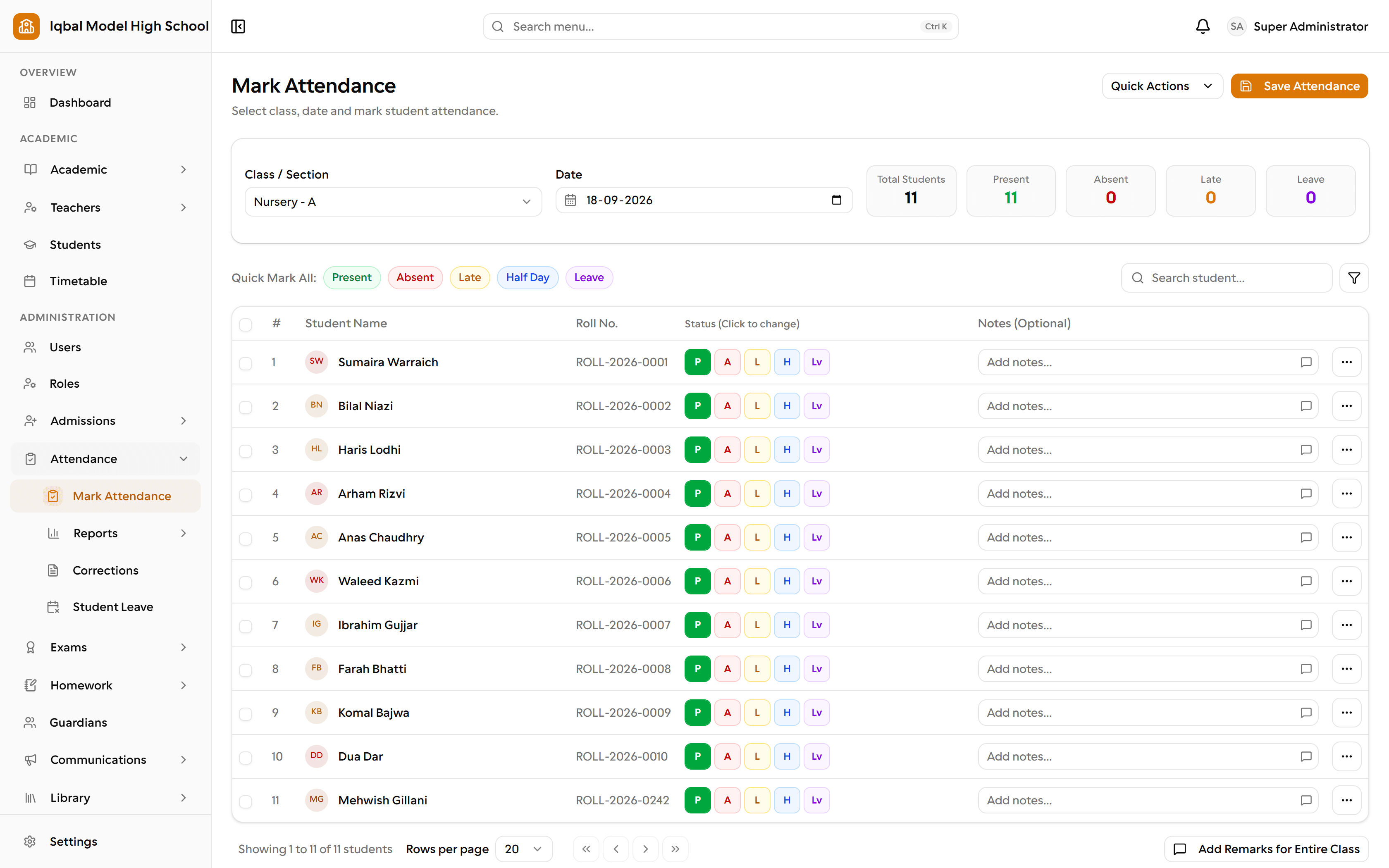 The EDUTIG mark attendance screen for one class and date. Counters show total, present, absent, late and leave. Each student row has five status buttons and a notes field, with controls to mark the whole class at once.
