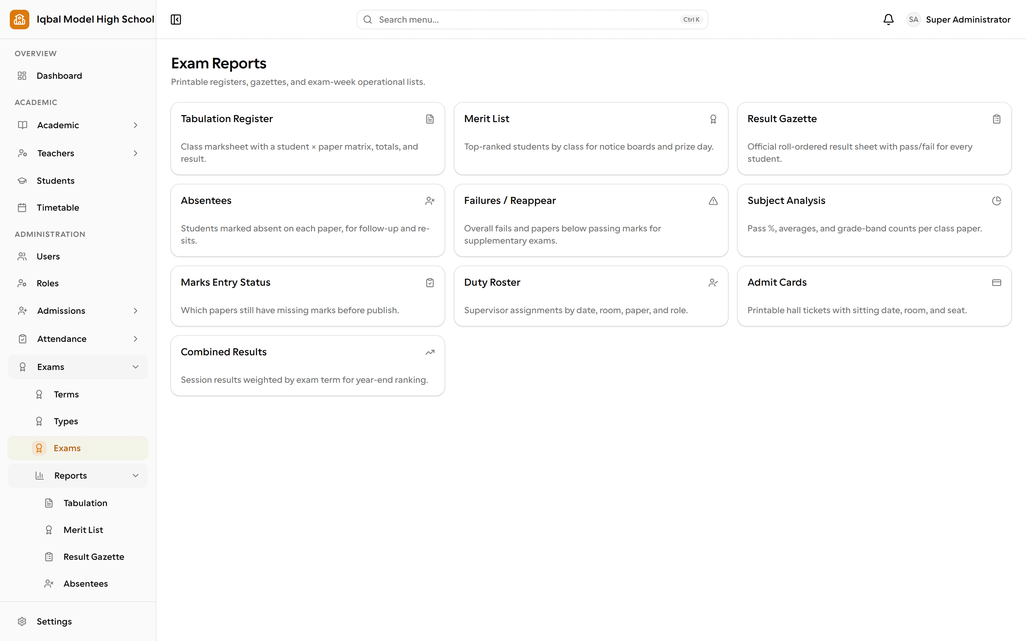 The EDUTIG exam reports screen, a grid of ten printable reports: tabulation register, merit list, result gazette, absentees, failures and reappear, subject analysis, marks entry status, duty roster, admit cards and combined results, each with a one line description.