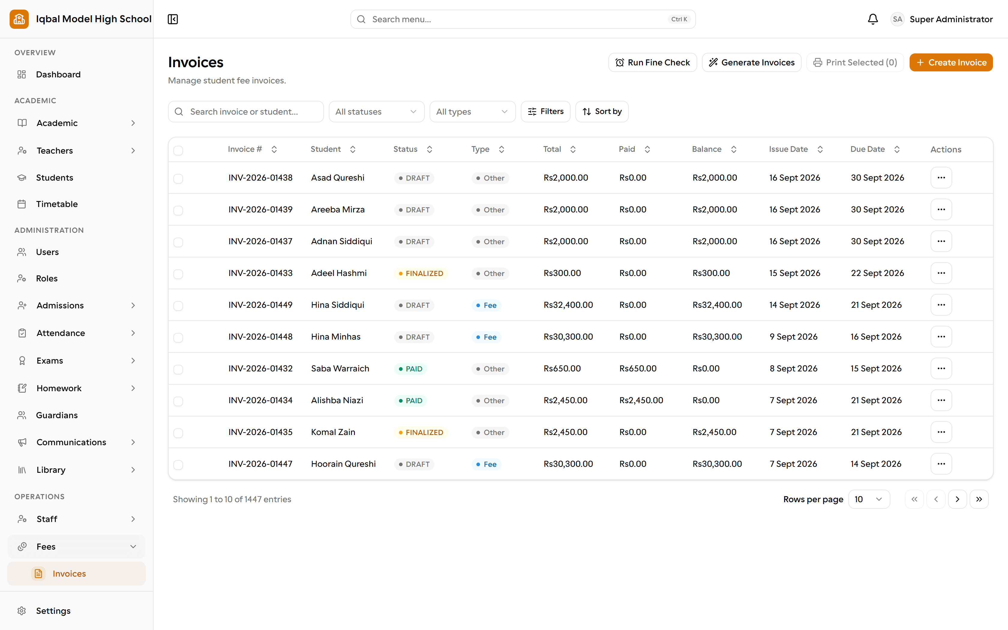 The EDUTIG fee invoices screen. A table lists numbered invoices with student, status of draft, finalized or paid, type, total, paid, balance, issue date and due date, under buttons to run a fine check, generate invoices, print a selection and create an invoice.