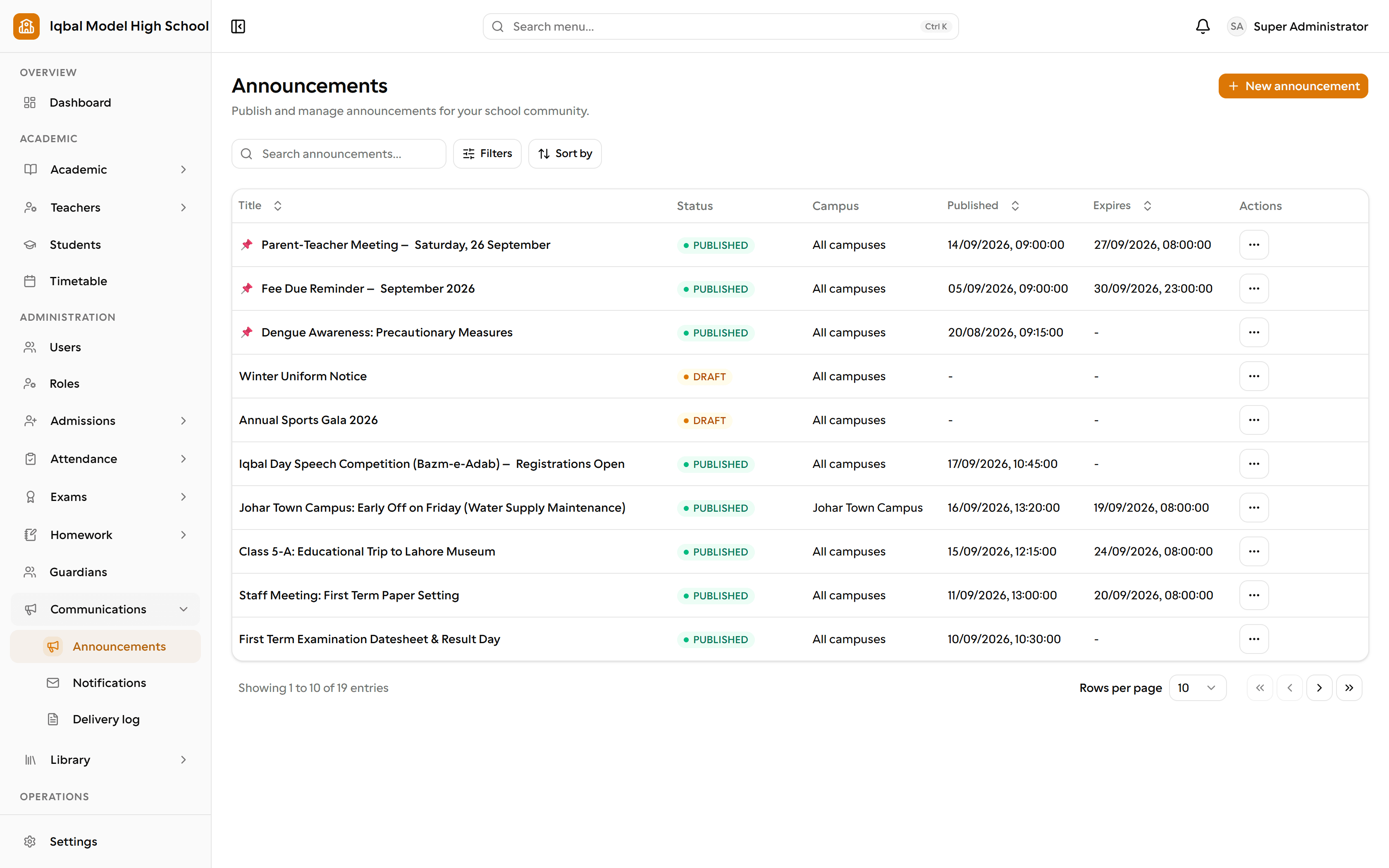 The EDUTIG announcements screen. A table lists pinned, published and draft announcements, among them a parent teacher meeting and a fee reminder, with the campus each one targets and its publish and expiry times. The side menu lists announcements, notifications and delivery log.