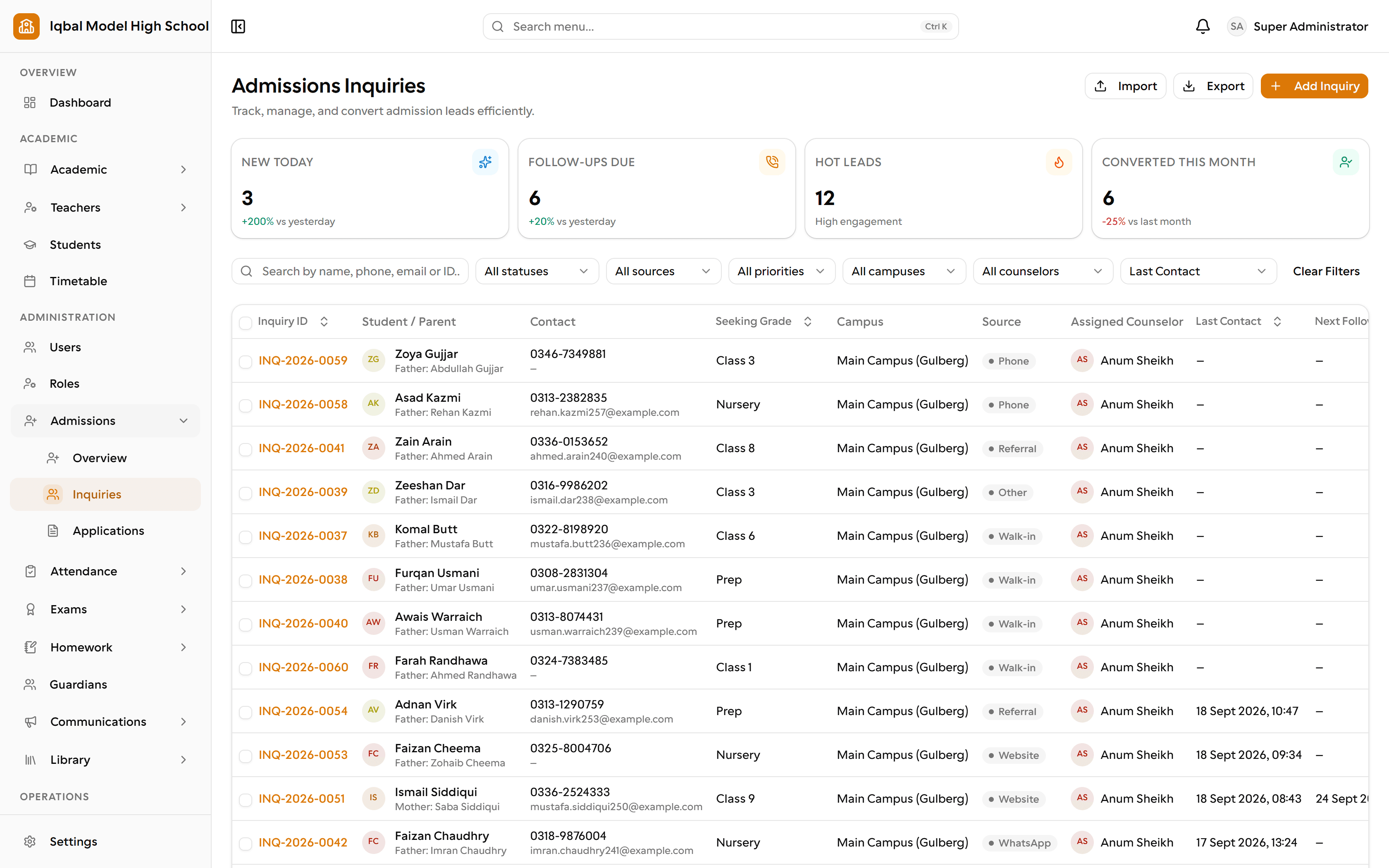 The EDUTIG admission inquiries screen. Four summary tiles sit above filters for status, source, priority, campus and counselor, and a table with columns for inquiry number, student and parent, contact, grade sought, source, counselor and next follow-up.