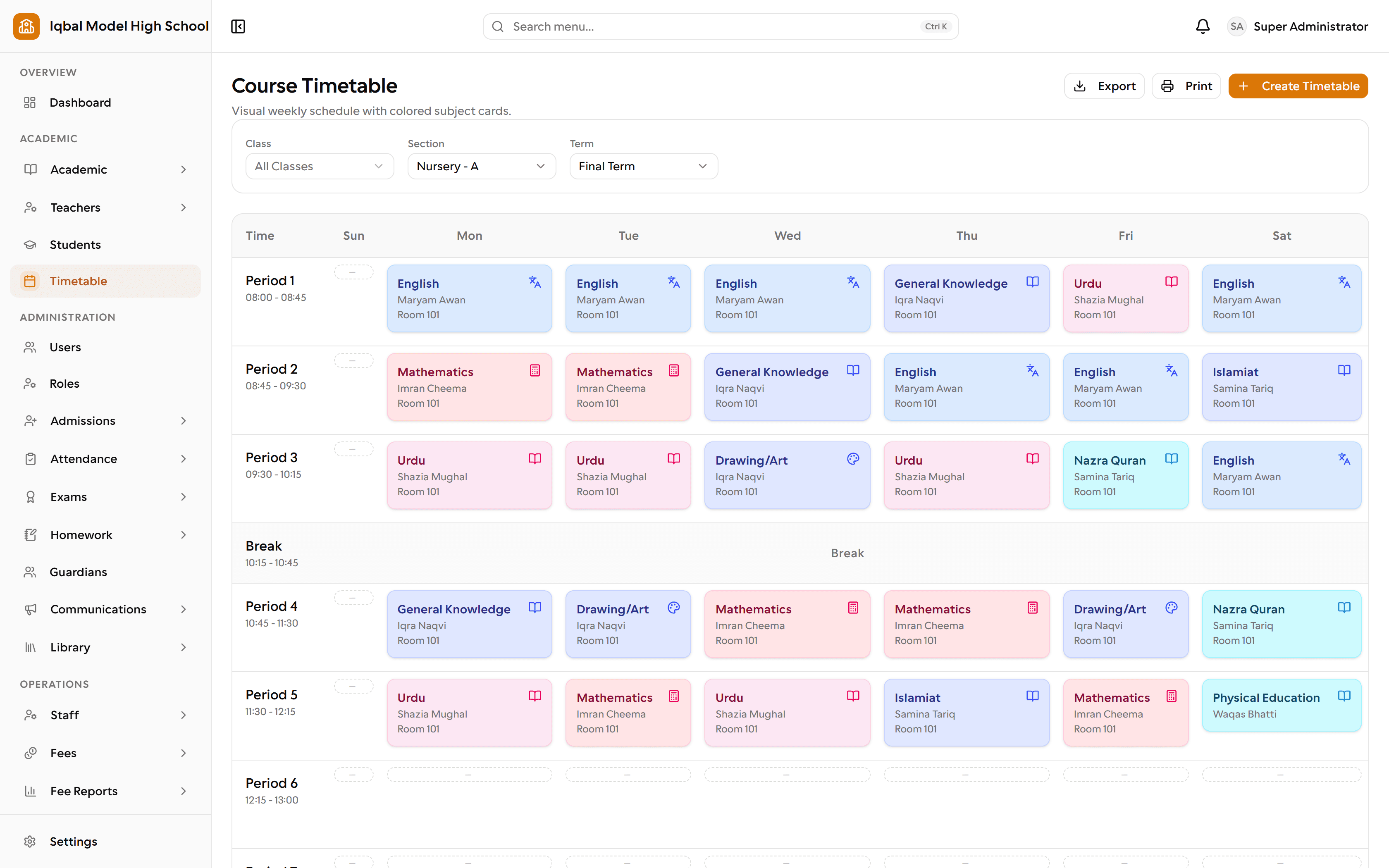 The EDUTIG course timetable for one section and term. A weekly grid lists numbered periods and a break down the side and the days across the top, with subject cards showing the teacher and room, plus export and print controls.