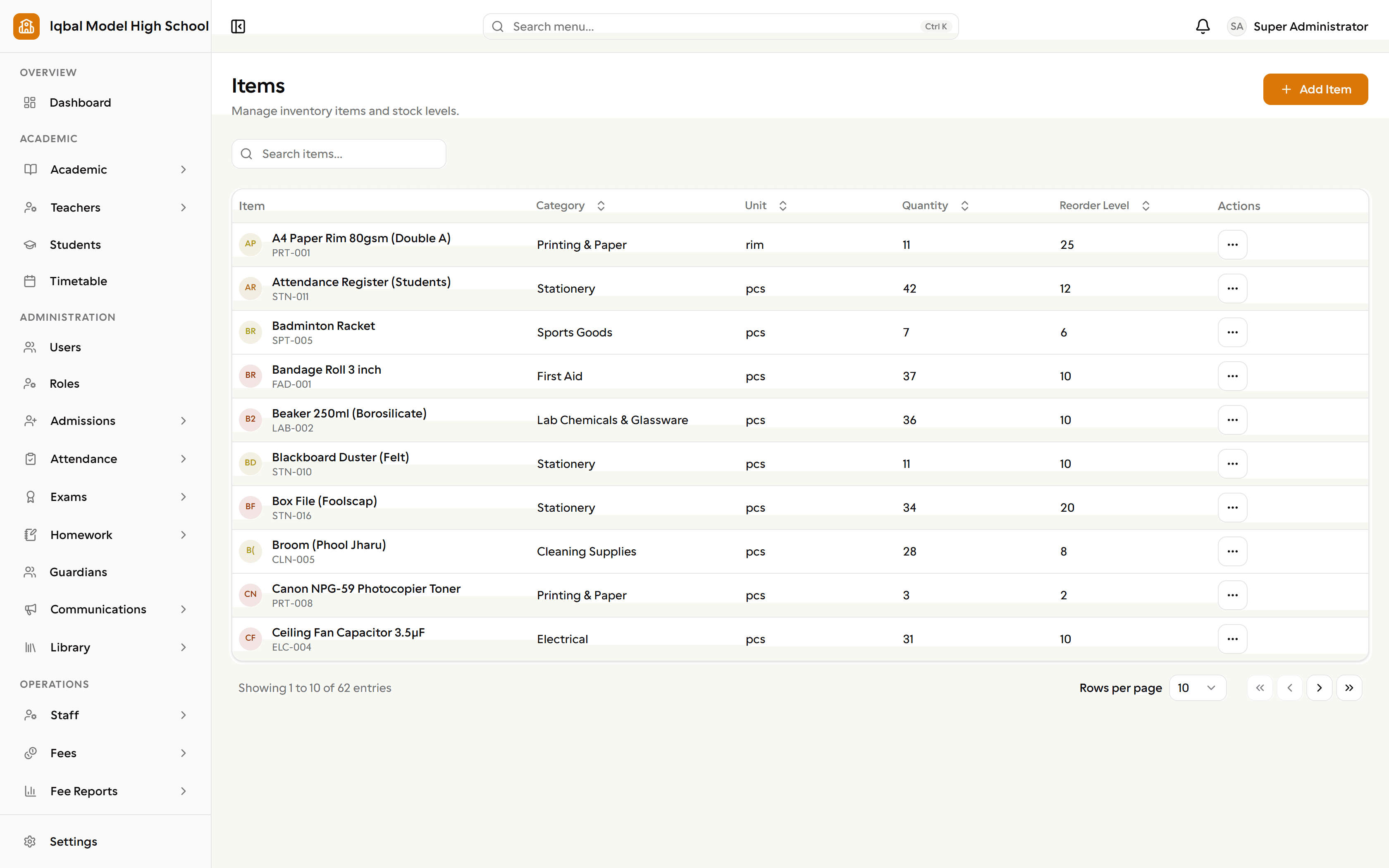 The EDUTIG inventory items screen. A table lists stock such as paper, registers, sports goods and first aid supplies, each with an item code, category, unit, quantity on hand and reorder level.