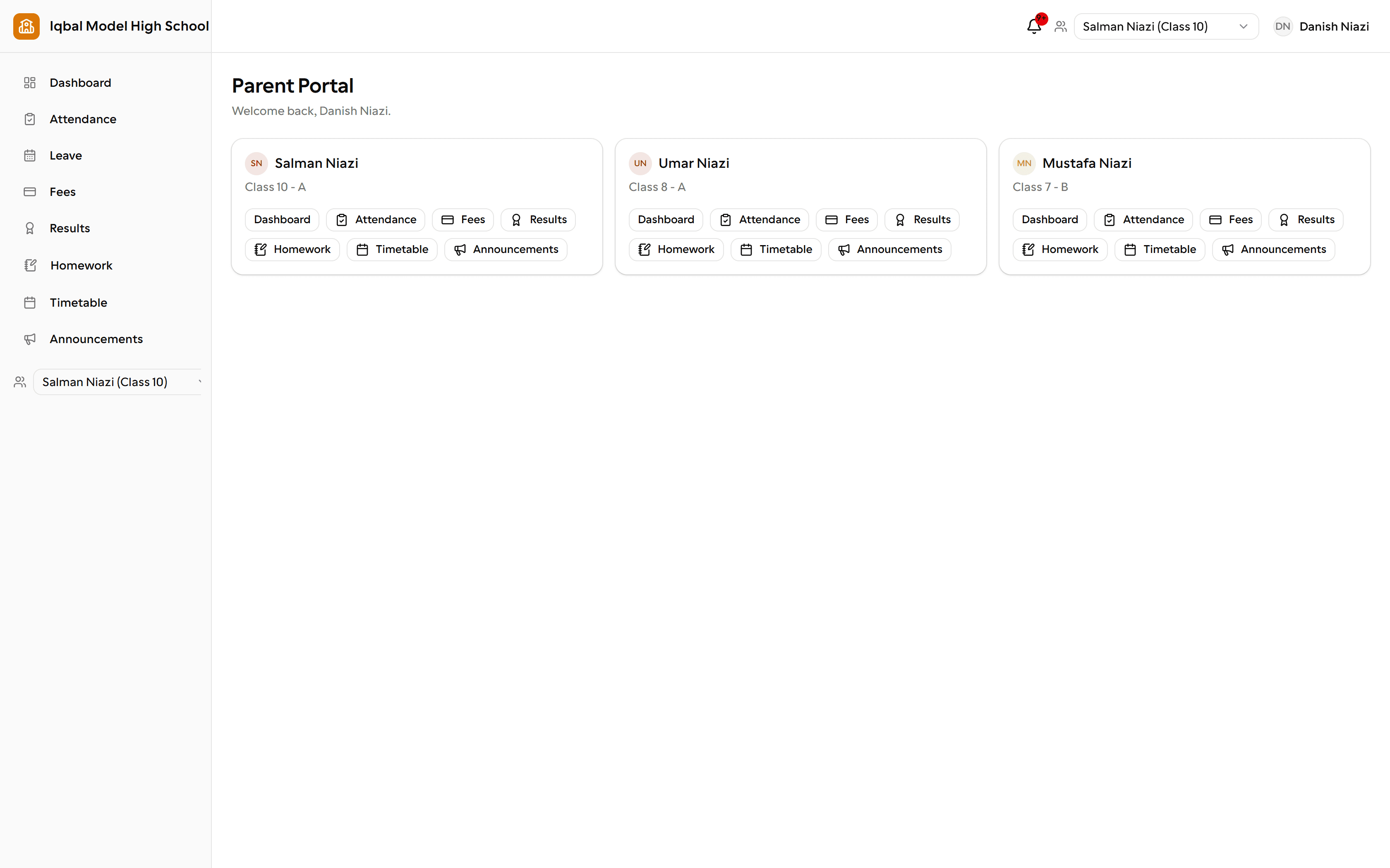 The EDUTIG parent portal. A card for each of three children shows the child's name and class, with links to their dashboard, attendance, fees, results, homework, timetable and announcements. A switcher at the top selects which child the rest of the portal shows.