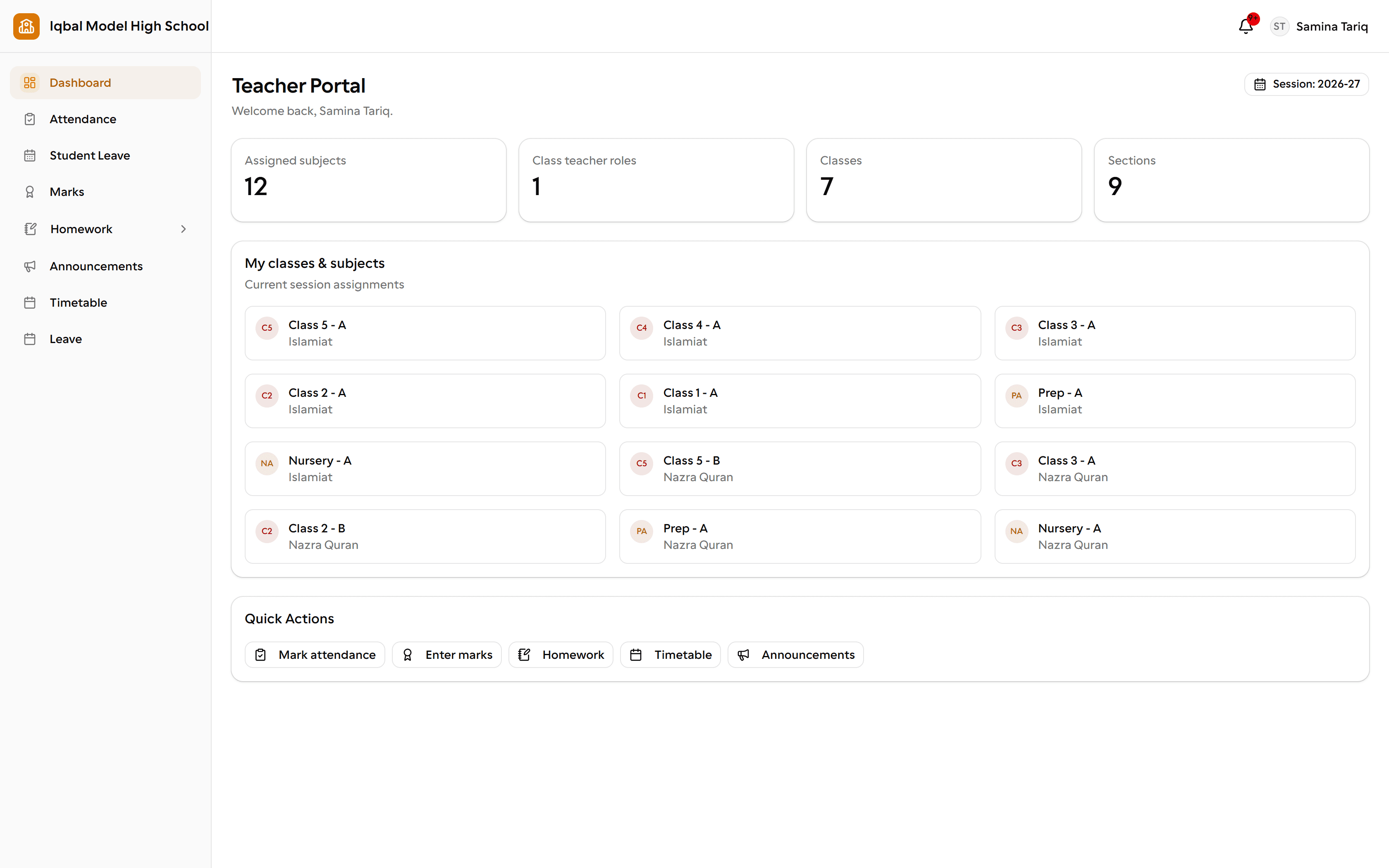 The EDUTIG teacher portal. Four tiles count 12 assigned subjects, 1 class teacher role, 7 classes and 9 sections. Below them, a card for each class and subject the teacher takes, and quick actions for marking attendance, entering marks, homework, the timetable and announcements.