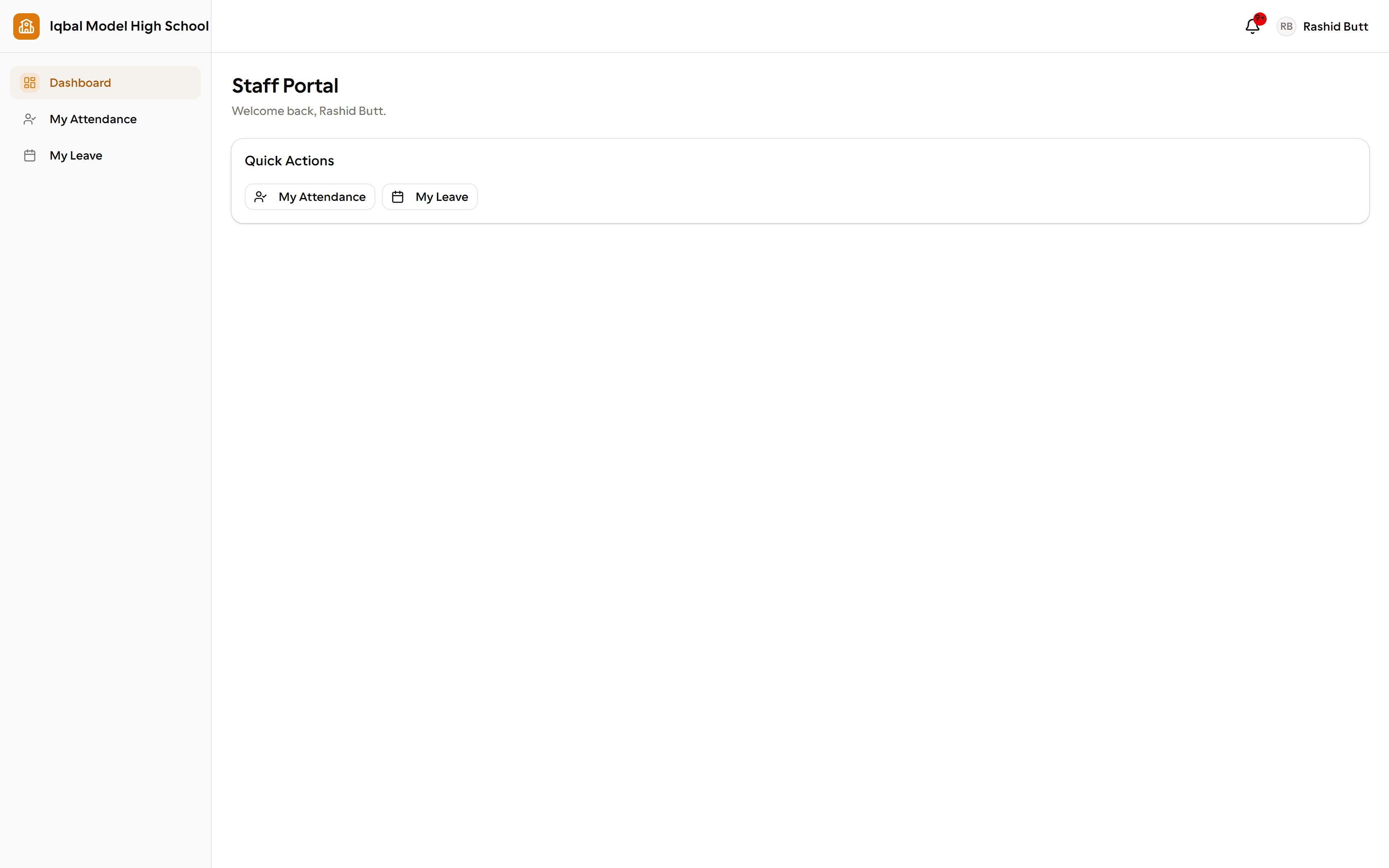 The EDUTIG staff portal for a non-teaching employee. The whole portal is two areas, My Attendance and My Leave, which is the least-privilege role working as intended.